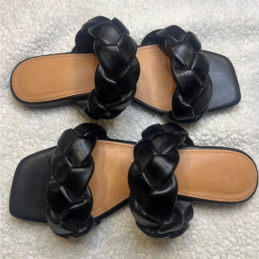 ✨ Black Braided Padded Slide Sandals | Square Toe | Size 6
